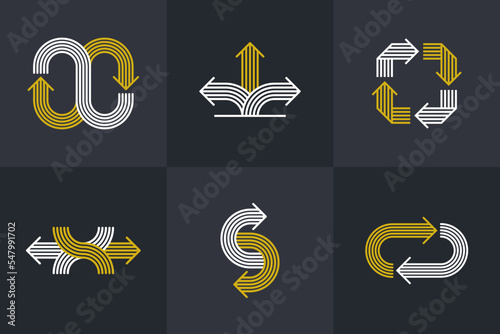 Concept arrows vector logos set isolated, double arrows symbol pictograms collection, stripy icon of arrow.