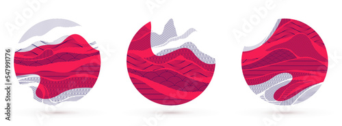 Oriental Japanese style vector abstract illustrations set in red color in a shape of circle, backgrounds in Asian traditional style, wavy shapes and mountains terrain, runny like sea lines.