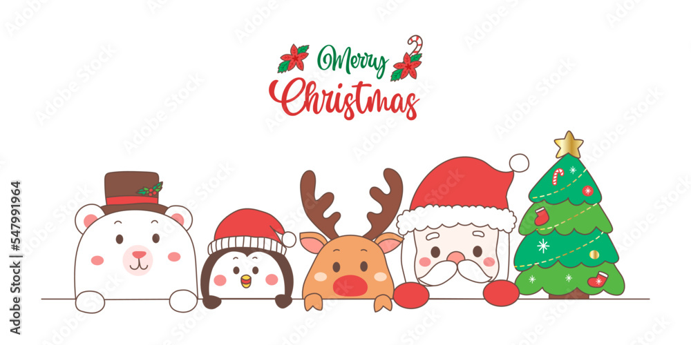 cute Christmas cartoon Santa Claus, reindeer, Christmas tree, polar bear and penguin.