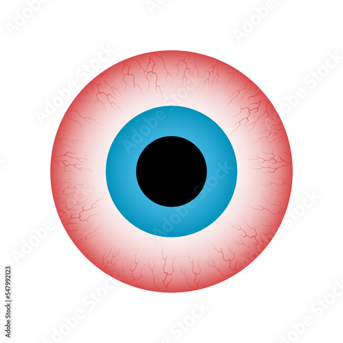Red eye frontal view. Ill stress, sleep insomnia disorder, capillaries and pupils. Vector illustration.