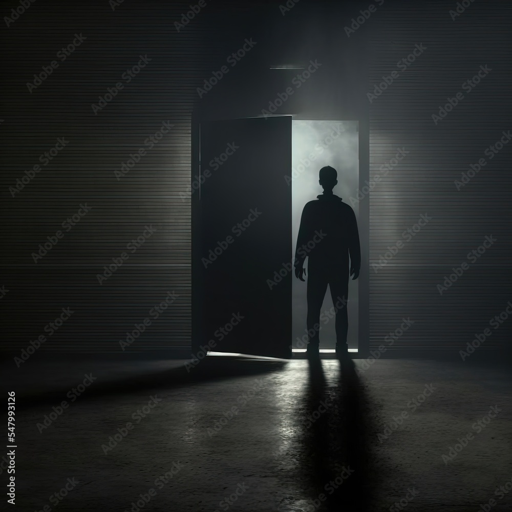 Fototapeta premium Silhouette of man in dark room. Illustration about depression. Made by AI.