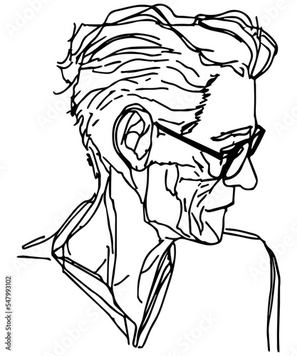 Isolated man. Continuous line, vector art. Linear doodle of minimal simple human contour. Handsome single line design. Creative character on white background. Businessman drawing. Hipster vintage. 