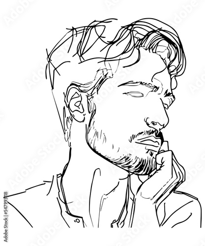 Isolated man. Continuous line, vector art. Linear doodle of minimal simple human contour. Handsome single line design. Creative character on white background. Businessman drawing. Hipster vintage. 
