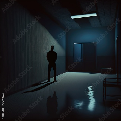 Silhouette of man in dark room. Illustration about depression. Made by AI.