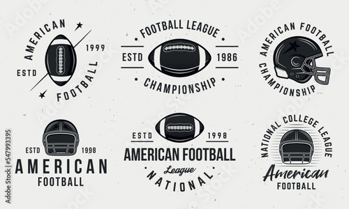 American football logo set. 6 Football emblems with helmets and balls icons. Print for t-shirt, typography. Emblem, poster templates. Vector illustration