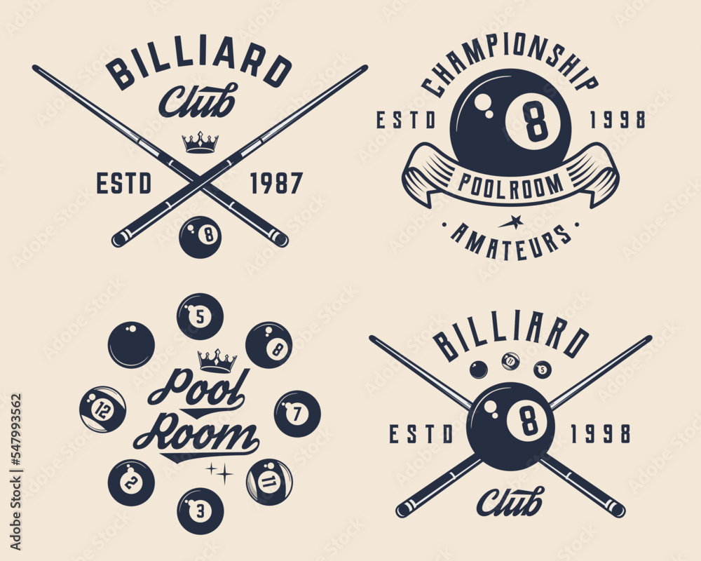 Billiard, 8ball logo set. 4 billiard related labels, badges, emblems