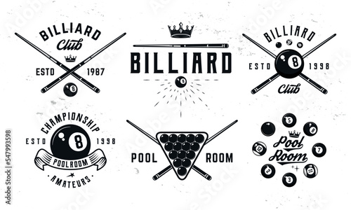 Billiard, 8-ball logo set. 6 billiard emblems with cue, balls, crown and banner icons. Hipster Design. Pool room, 8-ball. Emblem, poster templates. Vector illustration photo