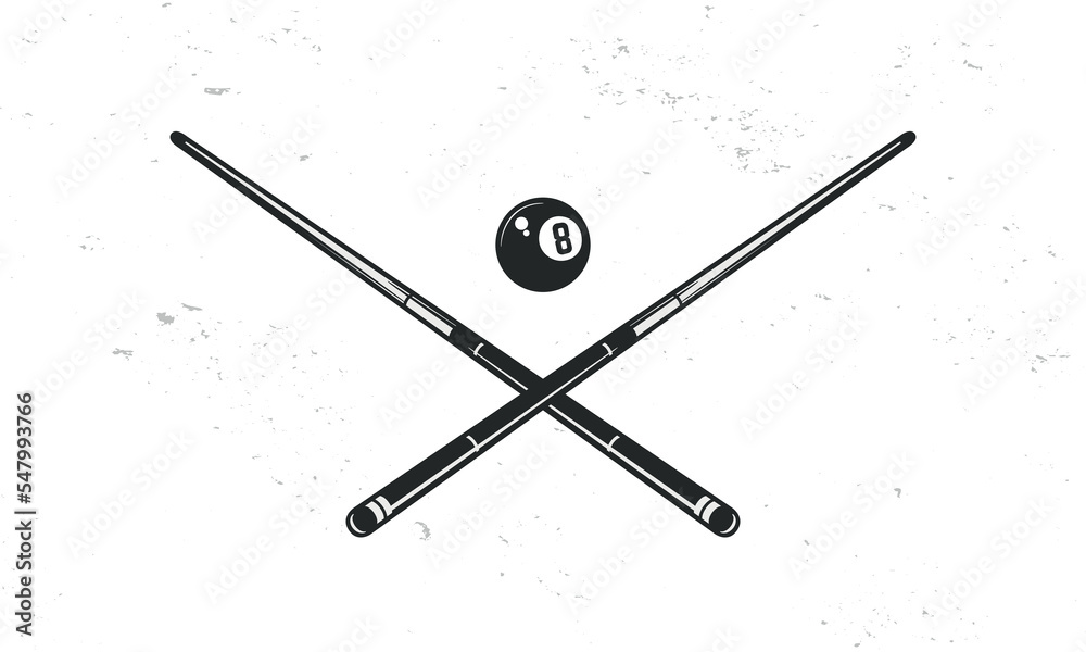 Billiard cue and ball silhouettes isolated on white background. Crossed