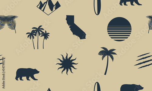 California seamless pattern. California background. Vintage California Symbols isolated on white background. Vector illustration