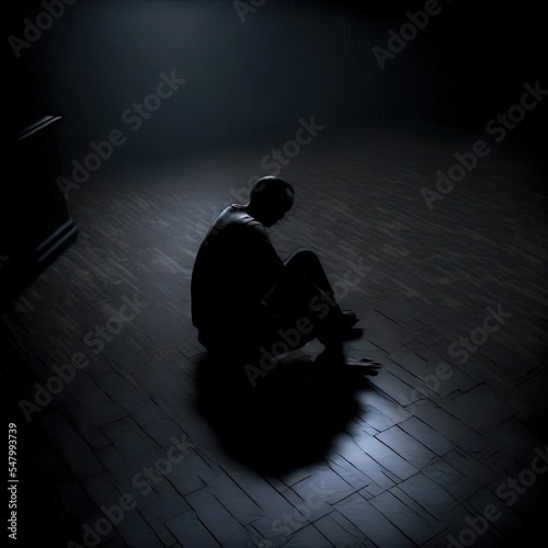 Silhouette of man in dark room. Illustration about depression. Made by AI.