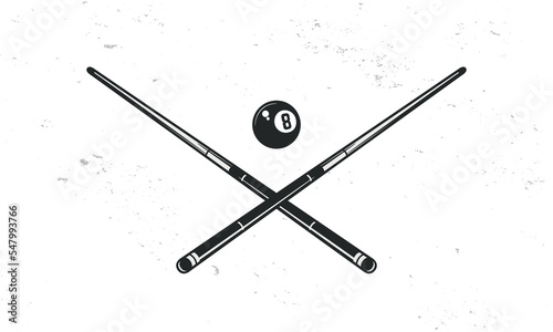Billiard cue and ball silhouettes isolated on white background. Crossed billiard cues. Vintage design elements for logo, badges, banners, labels. Vector illustration photo
