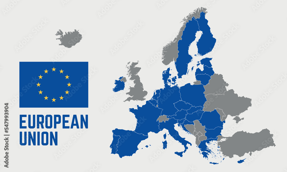 European Union Political Map EU Flag Europe Map Isolated On A White European Union Political Map EU Flag Europe Map Isolated On A White