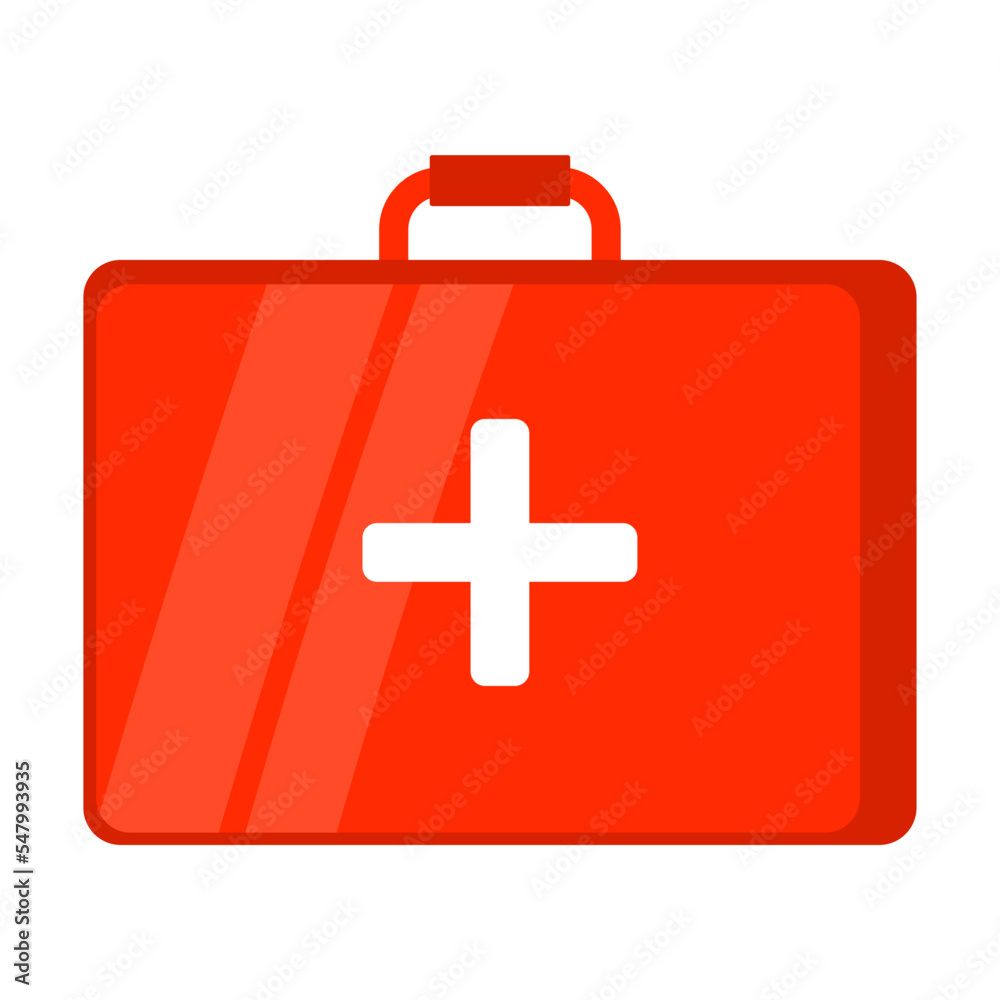 Fototapeta premium Doctor red suitcase, first aid kit. Medical equipment and preparations for treatment and examination of the patient. Flat vector isolated on white background