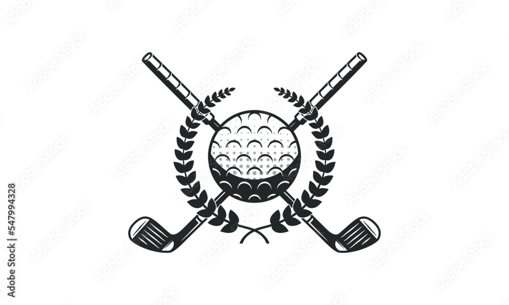 Golf sign, logo. Crossed golf clubs with ball and wheat wreath. Label, badge, poster for Golf team, club, championship. Golf logo. Vector illustration Golf sign, logo. Crossed golf clubs with ball and wheat wreath. Label, badge, poster for Golf team, club, championship. Golf logo. Vector illustration
