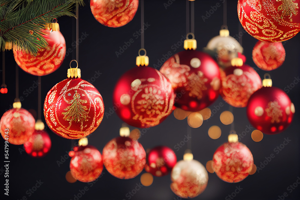 red christmas balls with golden decoration in front of a dark gray almost black background, generative ai