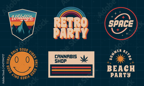 Vector set of signs and logos in retro Groovy style. Retro 70's logos set for disco club, music album, party invitation designs. Print for t-shirt, tee. 6 colorful groovy logo designs.