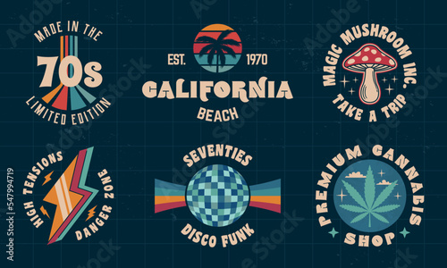Signs and logos in retro Groovy style. Retro 70's logos set for disco club, music album, party invitation designs. Print for t-shirt, tee. Psychedelic emblems. Vector illustration
