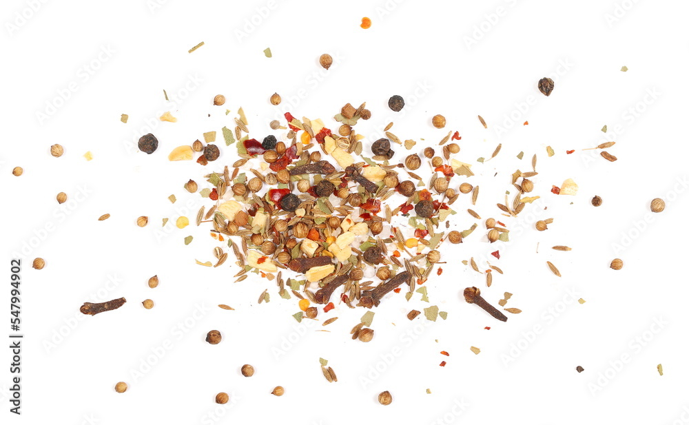 Spice blend, garam masala, mix black pepper, coriander, cumin, garlic granules, allspice, sea salt, ground chili peppers, cinnamon, cloves grain, chopped ginger, bay leaves isolated on white, top Spice blend, garam masala, mix black pepper, coriander, cumin, garlic granules, allspice, sea salt, ground chili peppers, cinnamon, cloves grain, chopped ginger, bay leaves isolated on white, top