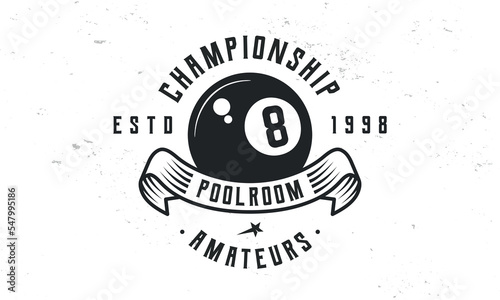 8-Ball logo template. Billiard logo. Billiard 8-ball with ribbons banner isolated on white background. Vector emblem