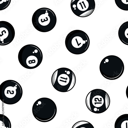 Billiard, 8-ball seamless pattern. 8-ball background. Vintage billiard balls isolated on white background. Vector illustration