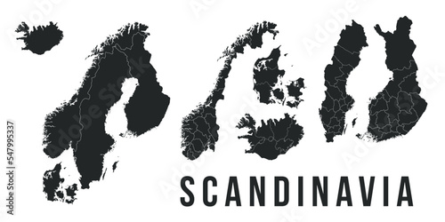 Scandinavia map templates. Sweden, Iceland, Norway, Finland, Denmark, Finland map isolated on white background. Scandinavia maps set. Vector illustration	