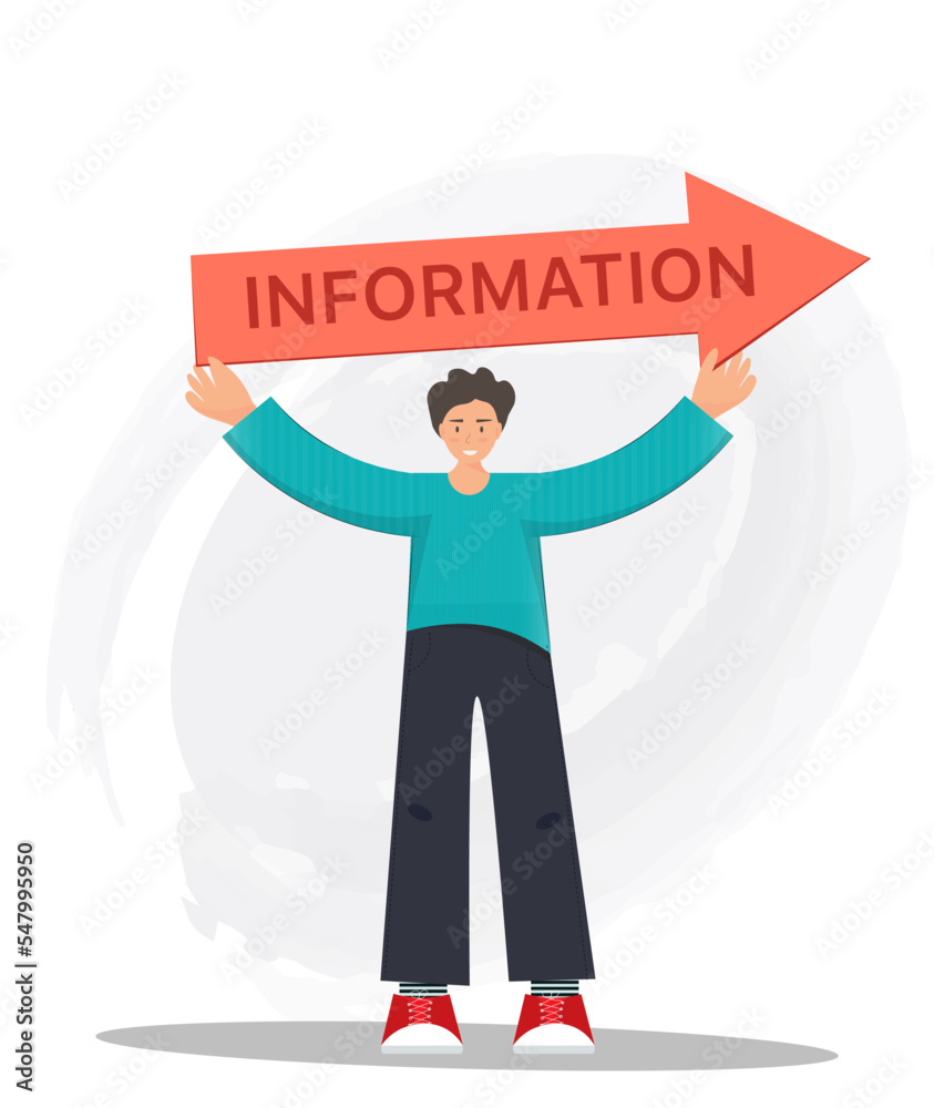 Man holding sign post with information word, signs for web sites design, searching information concept, flat vector illustration Man holding sign post with information word, signs for web sites design, searching information concept, flat vector illustration