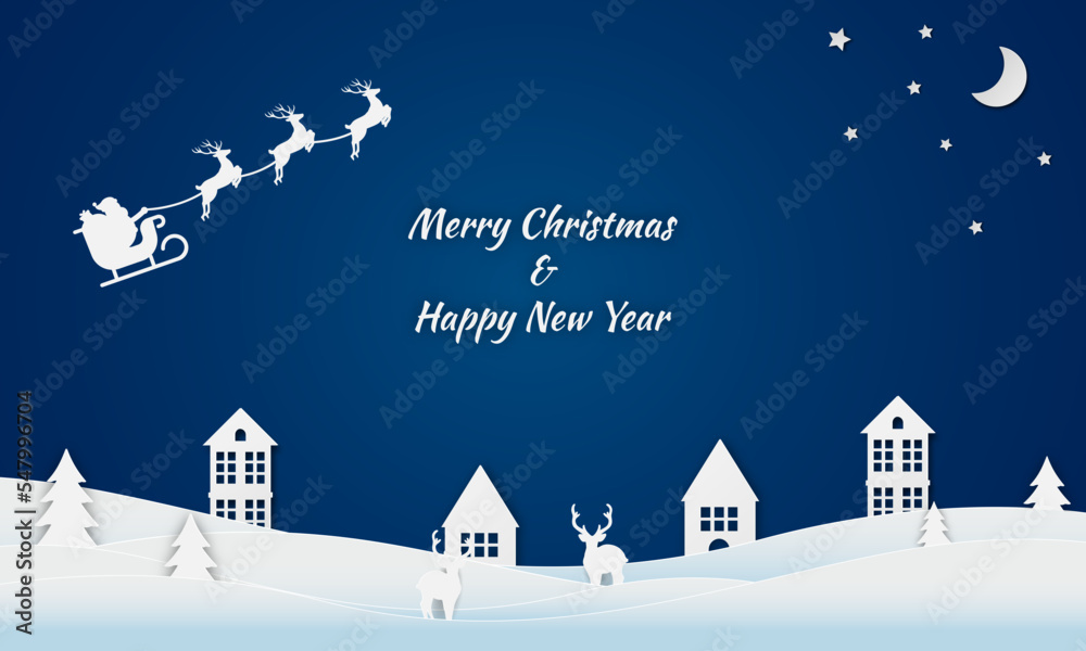 Merry Christmas and happy new year paper cut concept. Christmas and with Santa's sleigh flying, moon, fir trees, stars, house, and deers paper cut concept on blue background. Vector illustration