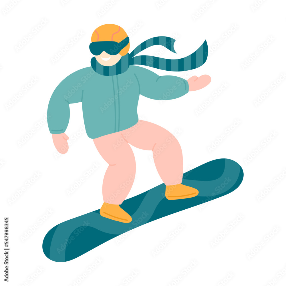 Active man snowboarding. Illustration of snowboarder jumping in action pose isolated on white. Winter extreme sport