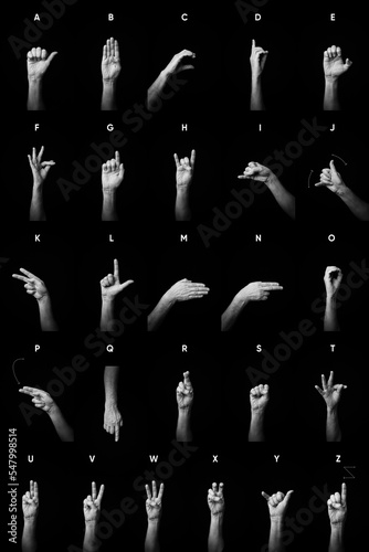 Hands demonstrating French manual sign language fingerspelling full alphabet with text photo
