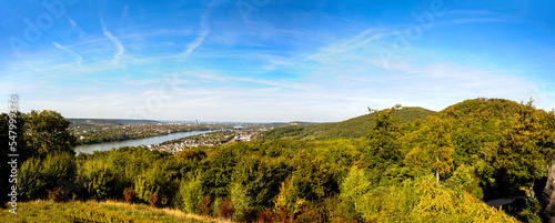 Scenic panorama from the Drachenburg Castle overlooking the valley down to the Rhine river and the city Bonn.  