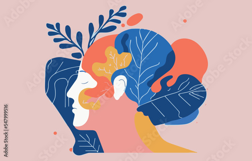 Mental health, well being vector art illustration. Positive mindfulness. Spiritual creativity. Flat art of health. Concept of calm mind, relaxed and peaceful. Serenity. Poster of harmony.