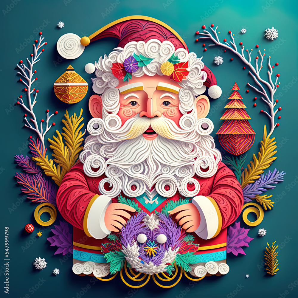 Christmas realistic 3d papercut Santa Claus. Modern colourful paper craft art concept. Cut-out Santa Claus background wallpaper
