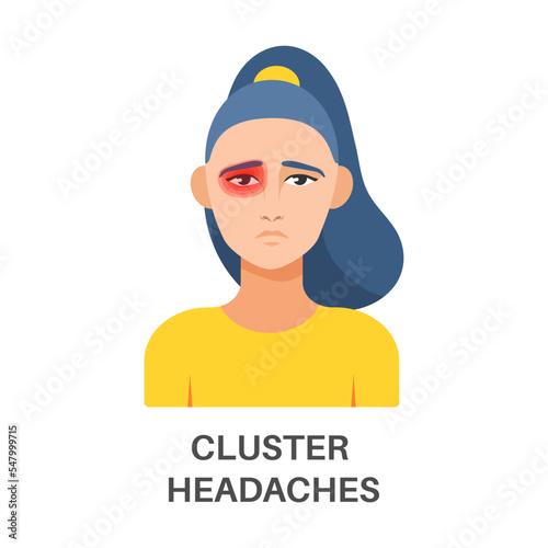 Face of sick woman with head pains vector illustration. Pain around eyes, migraine, cluster headache isolated on white background. Medicine concept