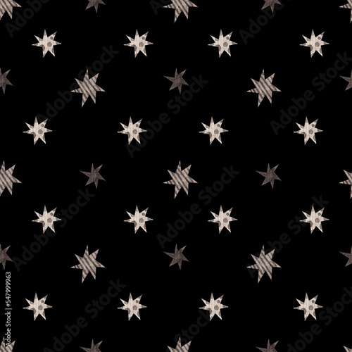 Seamless pattern with gray stars on a black background. Watercolor illustration. Black and white. Print on fabric and wrapping paper. Wallpaper. Art. Design. Cute. Holiday. Sky.