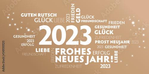 2023 Neujahrsgrüße - Wünsche auf deutsch - weißer Text auf goldenem Hintergrund - Neujahrsgruss Vektor Illustration