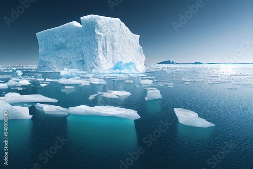 iceberg in polar regions, blue sky, clear sea water, generative ai