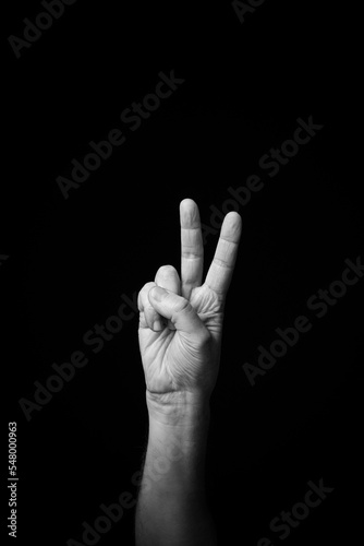 Hand demonstrating the French sign language letter 'V' with copy space
