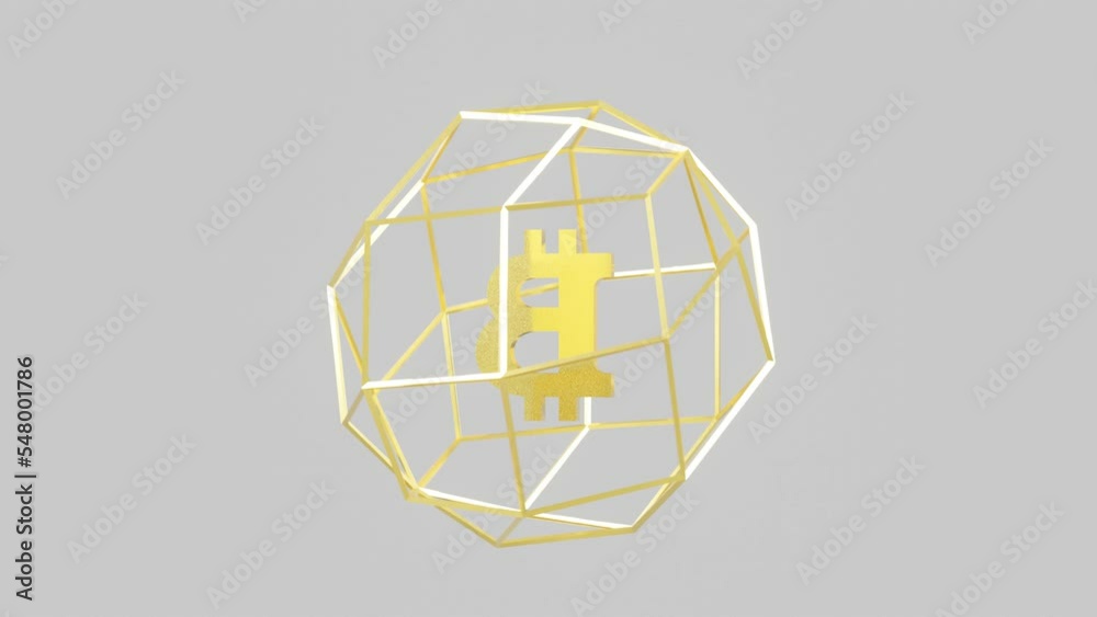 3d render Crypto currency Bitcoin symbol in golden spherical cage on a white background. Seamless loop business motion graphic animated objects