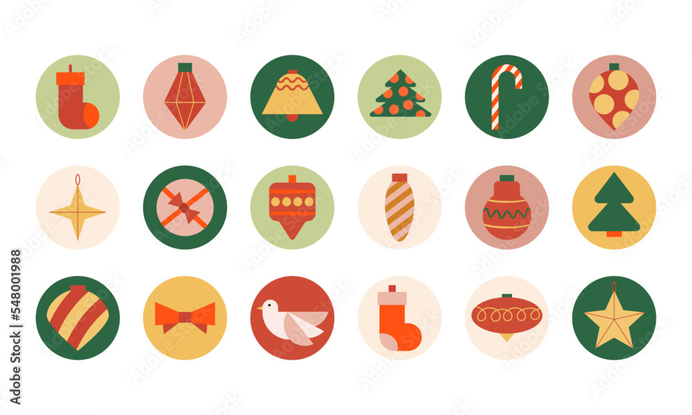 Set of christmas circle icons. Christmas tree, ornaments balls, candies, sweets, star, socks, bow and bell. Holiday vector flat illustration