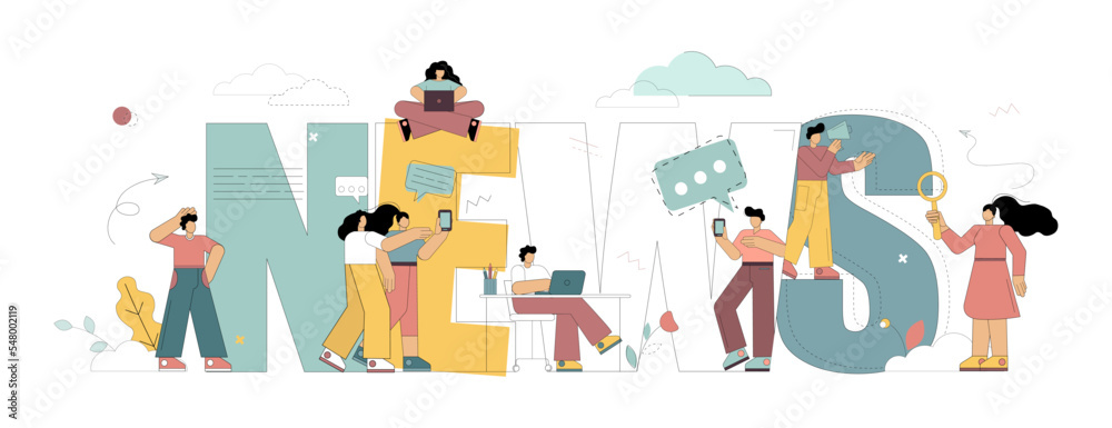 News concept. Flat people collect news from different media. Vector illustration isolated on white background. News concept. Flat people collect news from different media. Vector illustration isolated on white background.