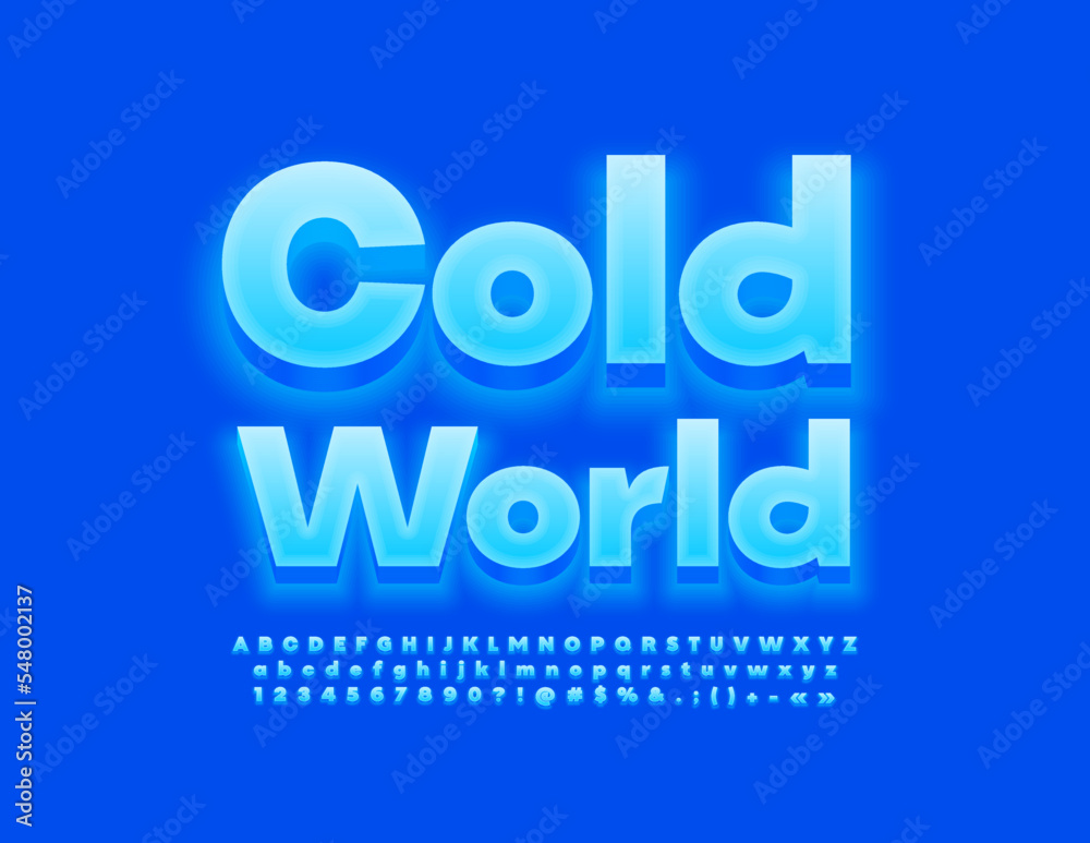 Vector glowing sign Cold World. Blue 3D Font. Artistic set of Alphabet Letters and Numbers