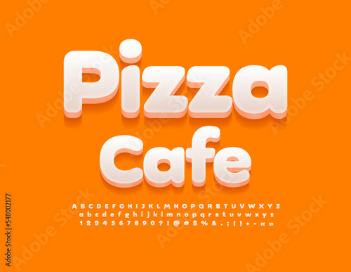Vector stylish Signboard Pizza Cafe. Cute white 3d Font. Artistic Alphabet Letters and Numbers set