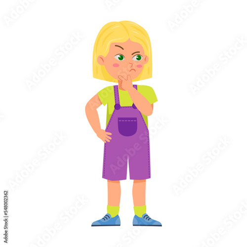 Girl child thought holding a finger on chin cartoon vector. Small little kids face expression. Schoolgirl children moods. Expressive for emotions or feelings concept