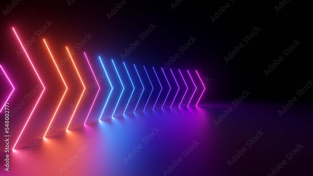 3d render, abstract panoramic red blue pink neon background with arrows showing right direction, glowing in the dark - obrazy, fototapety, plakaty 