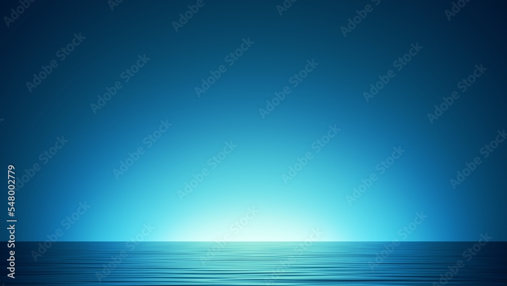 © wacomka - 3d render, abstract seascape background with calm water and bright glow, blue simple wallpaper
