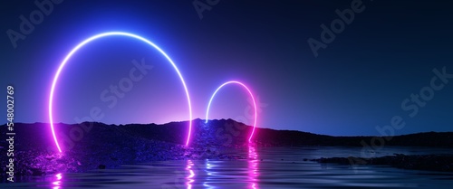 3d render  abstract background with glowing neon rings in the water  geometric shapes and seascape  terrain panoramic view  fantastic virtual reality wallpaper