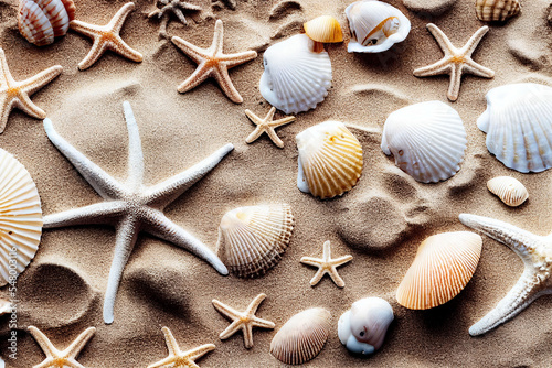 Sandy beach with shells and starfish illustration