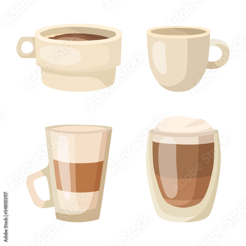 Glasses and mugs with hot coffee vector illustrations set. Collection of cartoon drawings of transparent cups and ceramic mugs on white background. Beverage, morning, breakfast, coffee shop concept