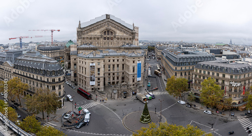 Paris, France - 11 21 2022: Boulevard Haussmann. Panoramic view of Paris from the roofs of Galleries Lafayette Haussmann at christmas