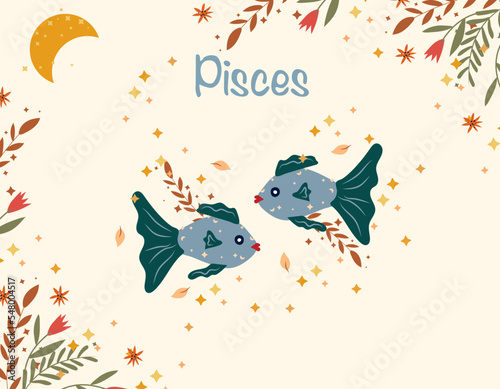 Pisces zodiac sign. Cute Banner with Pisces, stars, flowers, and leaves. Astrological sign of the zodiac. Vector illustration.